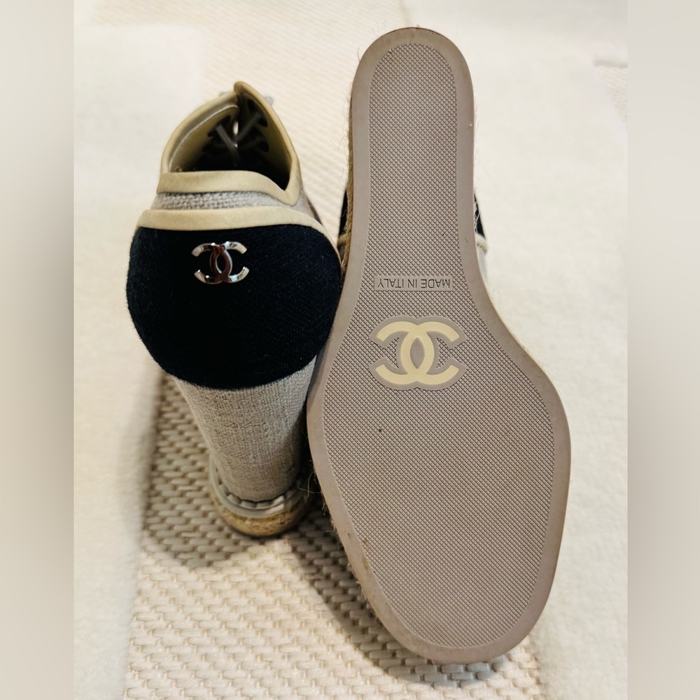 CHANEL Black and Cream Espadrilles with Iconic Logo